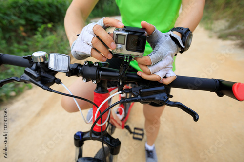 Action camera mounted on mountain bike