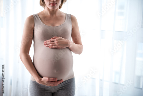 Close up of sensual pregnant woman touching her belly with love while standing near window. Copy space