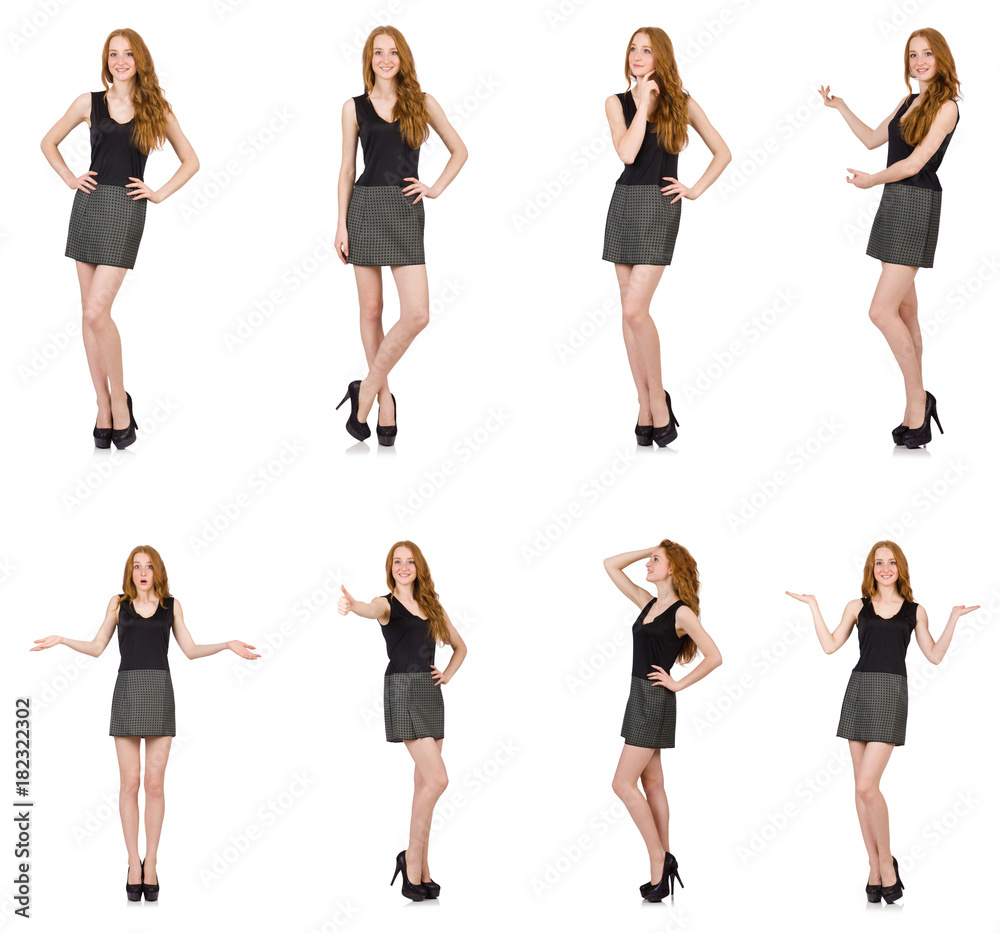 Fototapeta premium Red hair girl in gray dress isolated on white