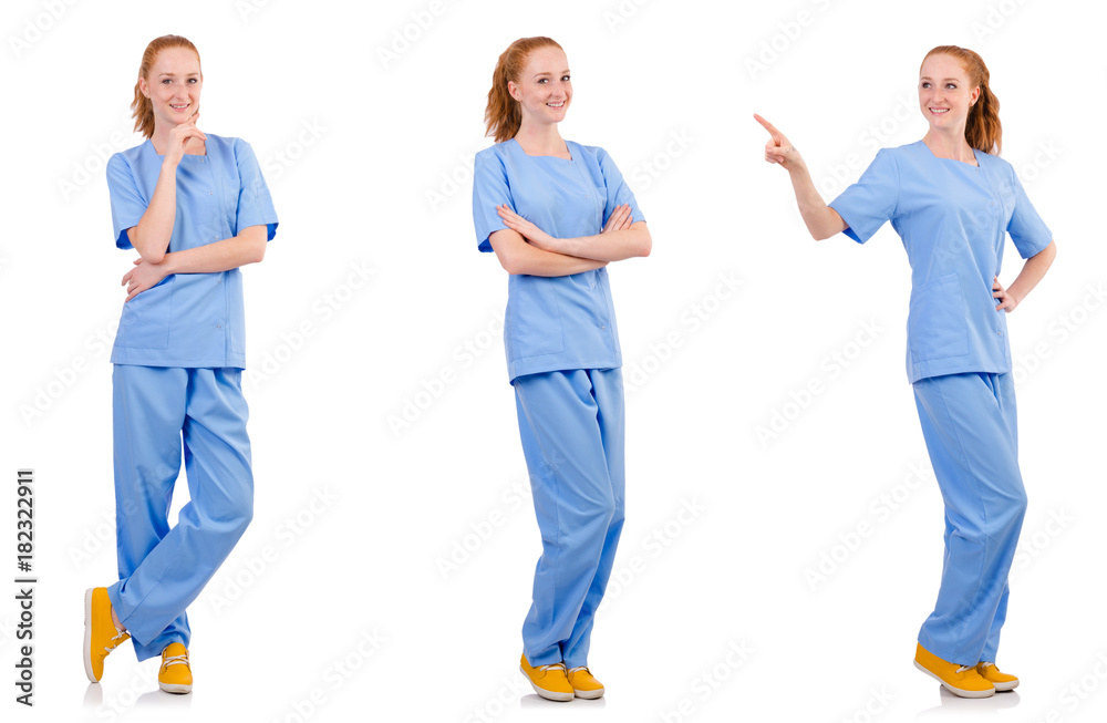 Pretty doctor in blue uniform isolated on white Pretty doctor in blue uniform isolated on white