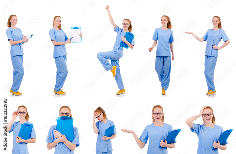 Obraz premium Pretty dancing doctor in blue uniform with documents isolated