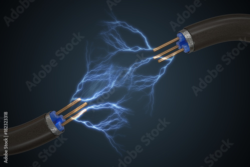High voltage concept. Electricity sparkles from cable. 3D rendered illustration.