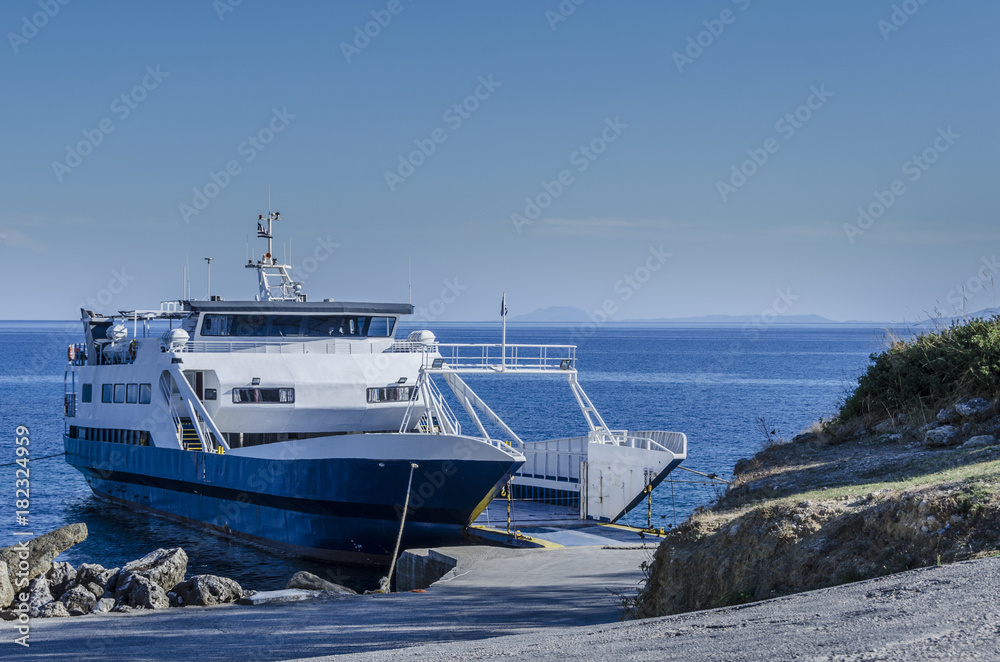 close-up of a ferry moored in the small port of Pessada