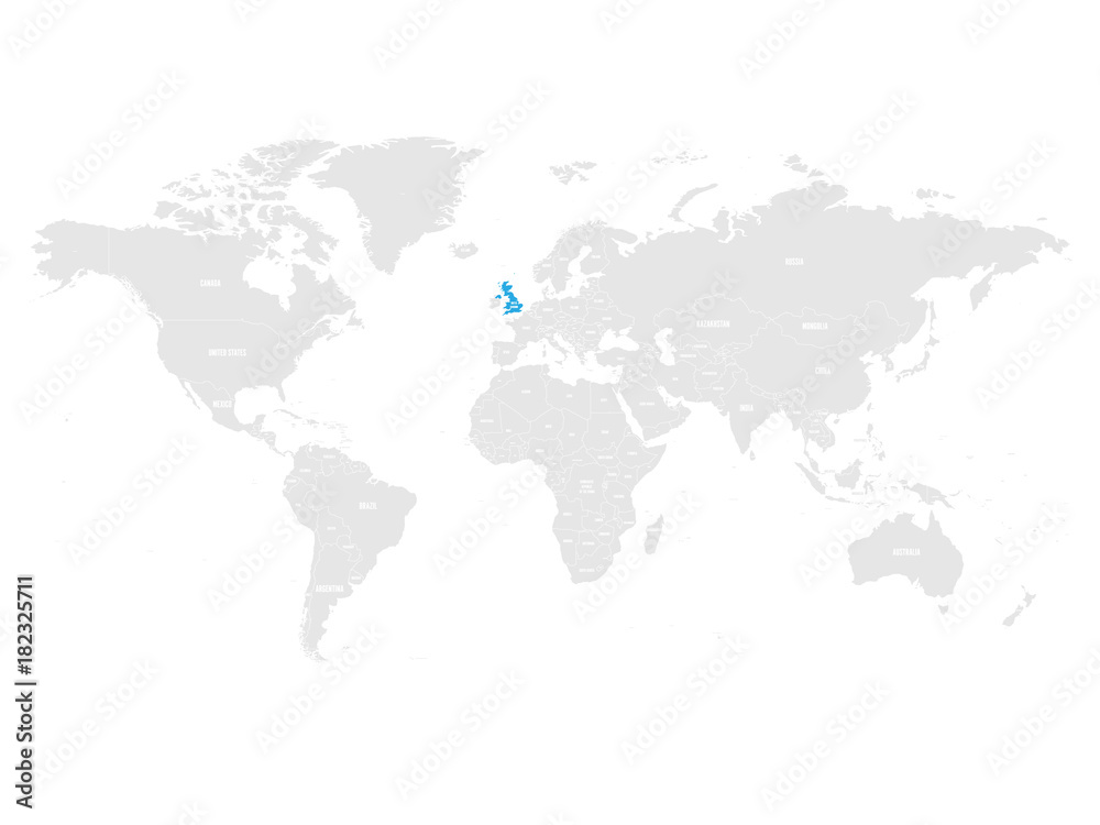 United Kingdom of Great Britain and Northern Ireland marked by blue in grey World political map. Vector illustration.