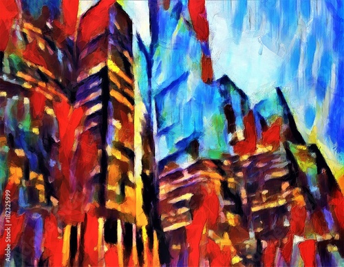 Colorful skyscrapers with glowing windows in the evening. Large size modern wall art oil painting on canvas. Color mixed abstract impressionism artwork.