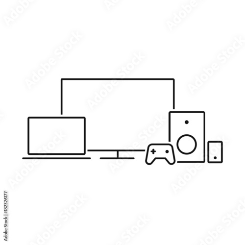 Set of multimedia devices, smart tv, laptop, speakers, joystick, flat design linear icons