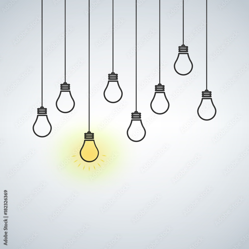 Vector illustration with hanging light bulbs. One light bulb is on Vector illustration with hanging light bulbs. One light bulb is on