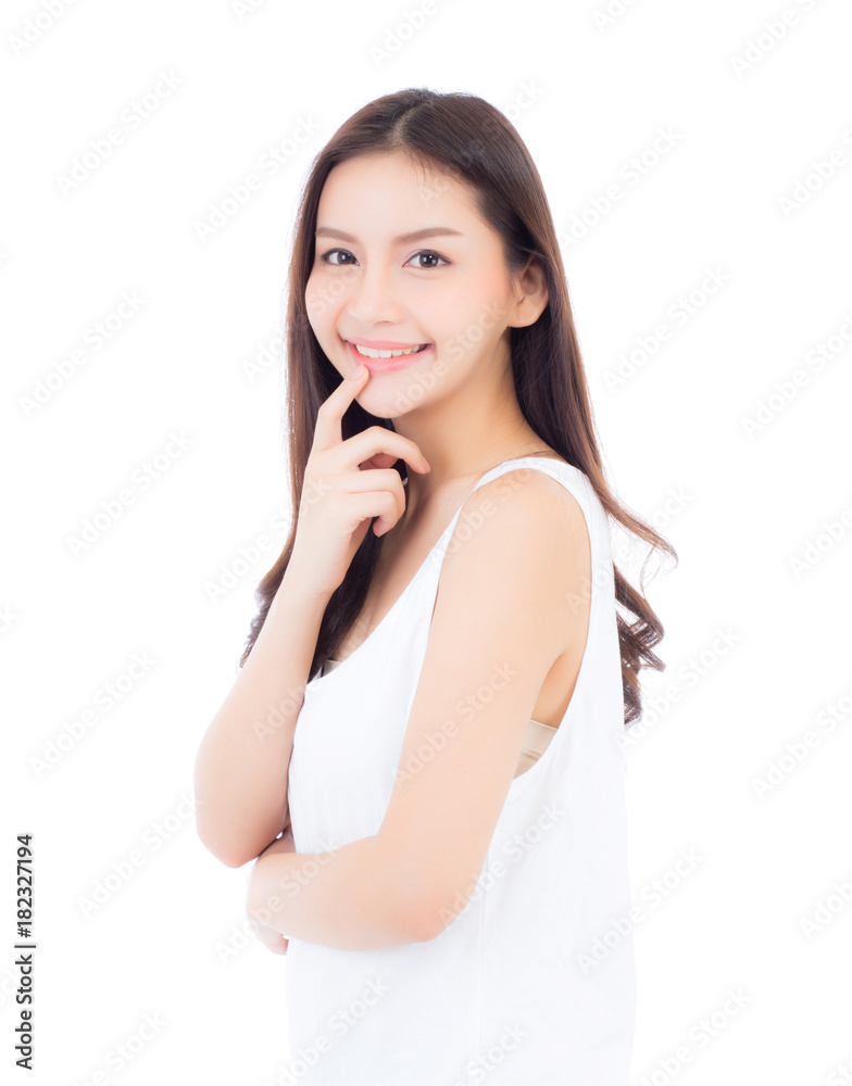 Portrait of beautiful asian woman makeup of cosmetic, girl hand touch mouth and smile attractive, lips beauty perfect with wellness isolated on white background with healthcare concept. Portrait of beautiful asian woman makeup of cosmetic, girl hand touch mouth and smile attractive, lips beauty perfect with wellness isolated on white background with healthcare concept.