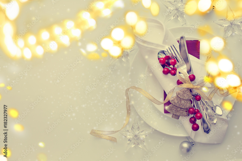 Fototapeta premium Christmas table setting. Holiday Decorations