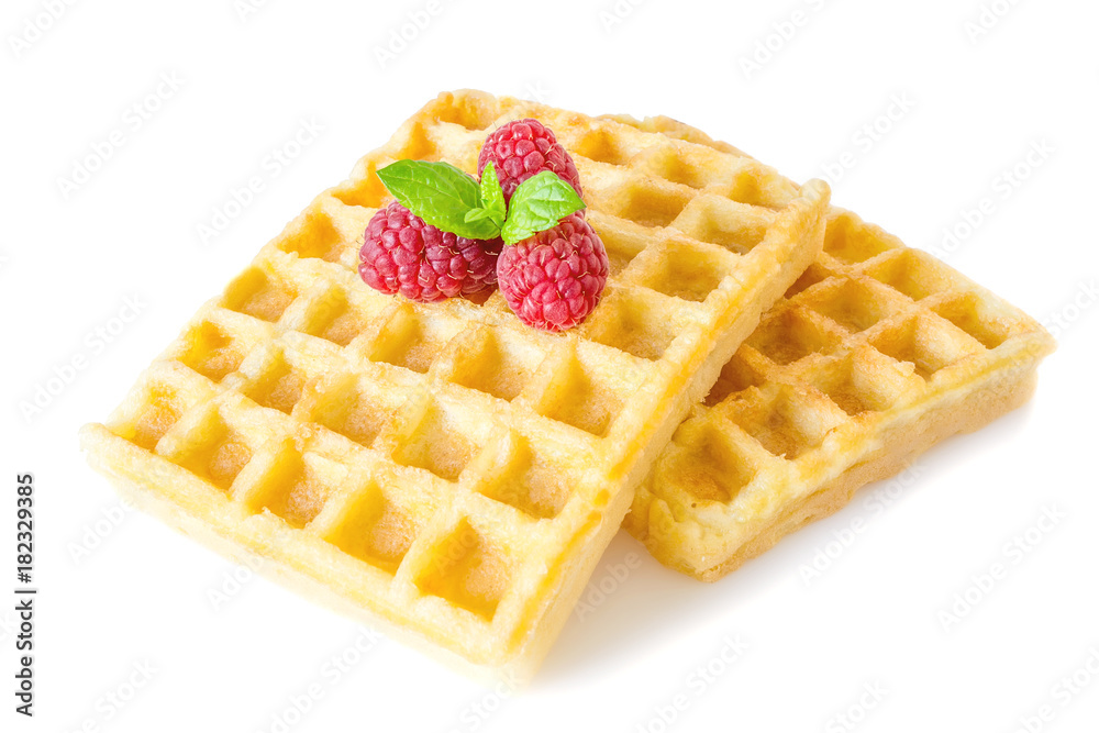 Sweet toast waffles breakfast with raspberries and with sprig of mint leaves macro close-up isolated on white background