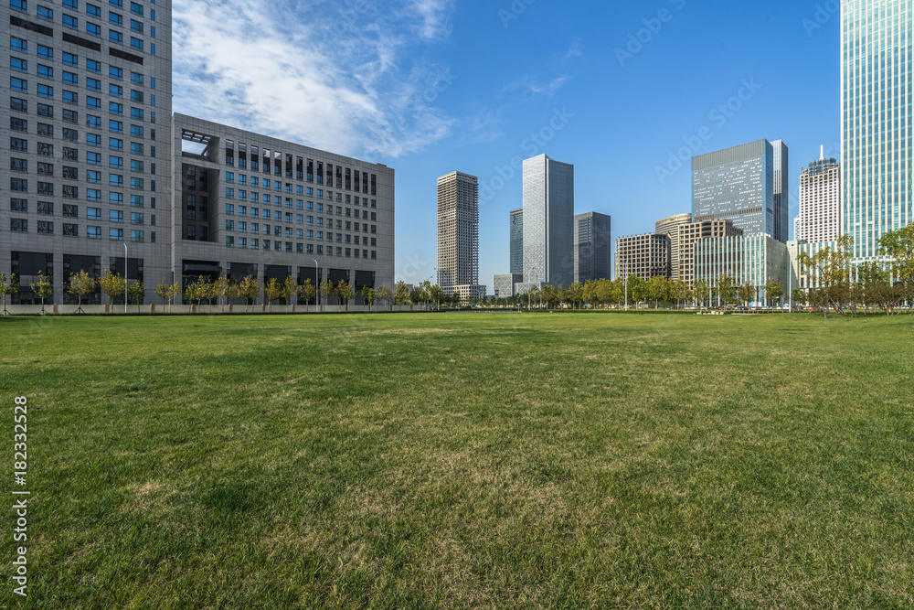 cityscape and skyline of Tianjin from meadow in park cityscape and skyline of Tianjin from meadow in park