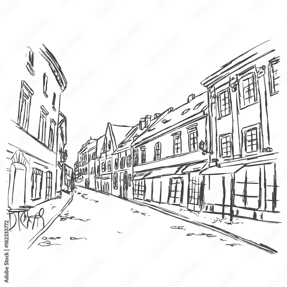 Old city street in hand drawn line sketch style. Old city landscape. Vector illustration.
