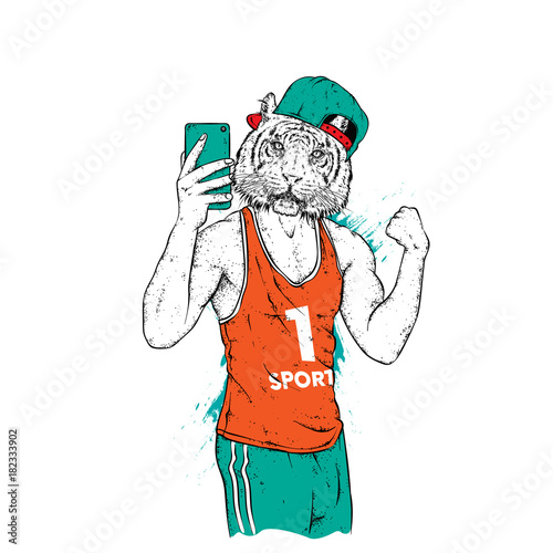 Fototapeta Naklejka Na Ścianę i Meble -  Tiger with a beautiful male body. The sports guy strained his biceps doing selfie. Vector illustration for a postcard or a poster, print for clothes. Sports, clothing and accessories.