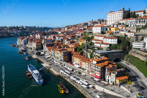 Douro river and Ribeira embankment in the historical centre of Porto, Portugal.