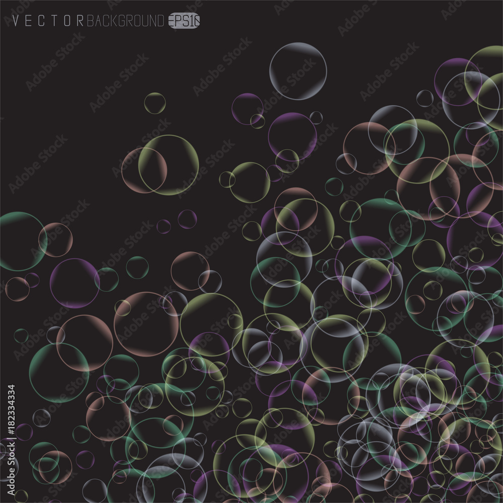 Abstract colorful background. Dark color backdrop with transparent colorful bubbles. Minimalistic realistic soap bubblrs background with empty space.