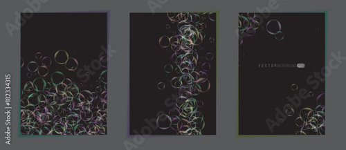 Abstract colorful backgrounds. posters. Dark color backdrops with transparent colorful bubbles. Minimalistic realistic soap bubblrs backgrounds with empty space.