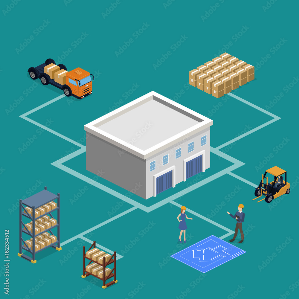 Fototapeta premium Isometric 3D vector illustration warehouse with a forklift, goods and people.