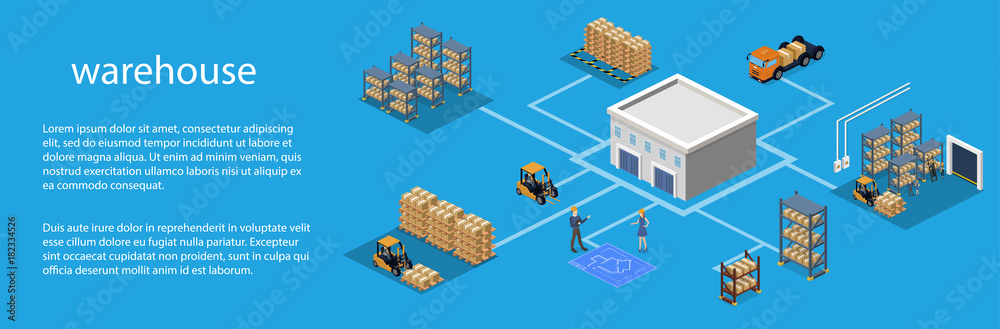 Isometric 3D vector illustration warehouse with a forklift, goods and people.