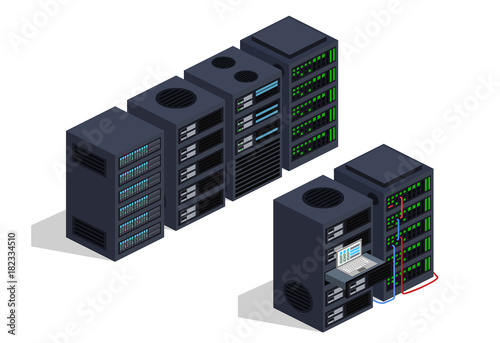 Isometric 3D vector illustration concept server room data center set collection