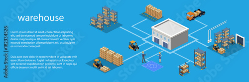 Isometric 3D vector illustration warehouse with a forklift, goods and people.