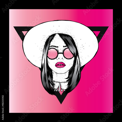 Beautiful girl with glasses and hat. Fashion & Style. Clothes and accessories. Vector illustration.