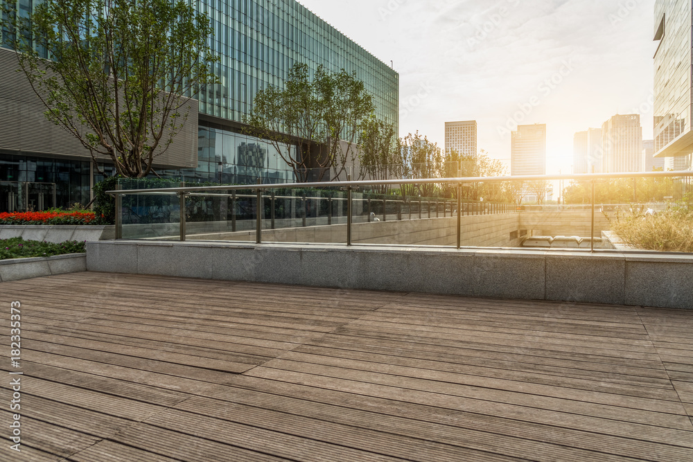 Empty wooden footpath front modern building. Empty wooden footpath front modern building.