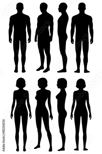 human body anatomy, front, back, side view, vector woman and man illustration 