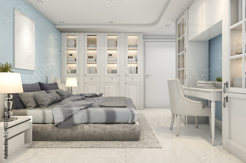 3d rendering beautiful blue vintage kid bedroom