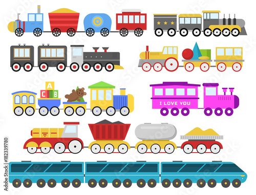 Cartoon toy train vector railroad and cartoon carriage game fun leisure joy gift locomotive transportation.
