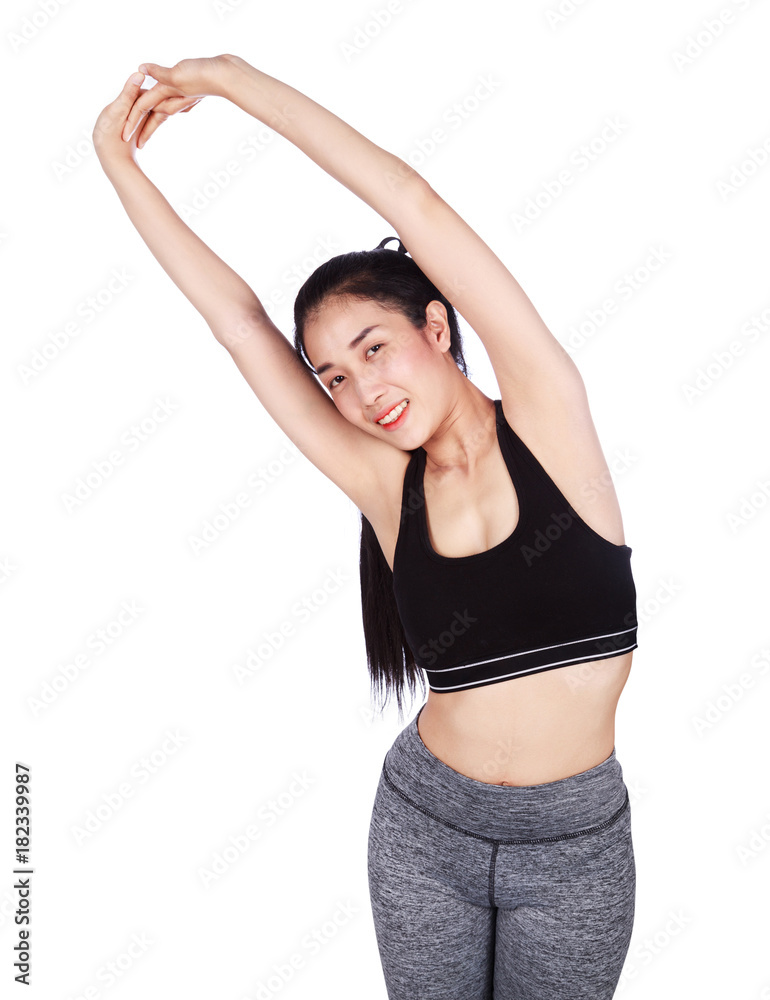 fitness woman stretching the muscles of her arms isolated on white background fitness woman stretching the muscles of her arms isolated on white background