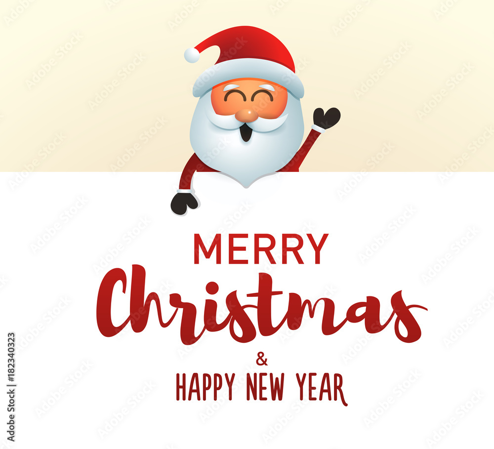 Cute and cheerful santa claus character holding a merry christmas and happy new year message. Vector illustration. Feel free to replace the text with your own. Cute and cheerful santa claus character holding a merry christmas and happy new year message. Vector illustration. Feel free to replace the text with your own.