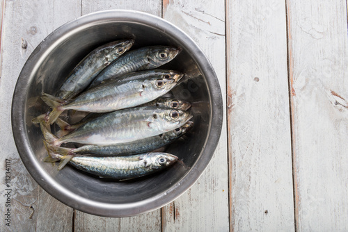 Fresh mackerel fish in metal bowl