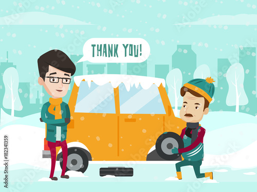 Caucasian white auto mechanic helps a young man to change a tire on car on winter road after a car breakdown. Man replacing the wheel on the car on cold snowy winter day. Vector cartoon illustration.