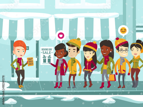 Diverse group of multiracial people standing in a queue to the store on the street for the boxing day sale and caucasian white woman distributing flyers with text sale. Vector cartoon illustration.