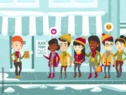 Caucasian white woman hands out leaflets to multicultural pedestrians on Black Friday