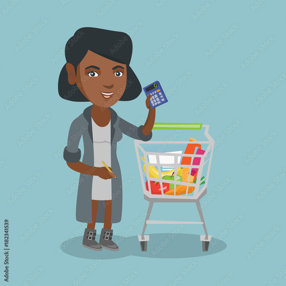 Young african-american woman standing next to the supermarket cart full ...