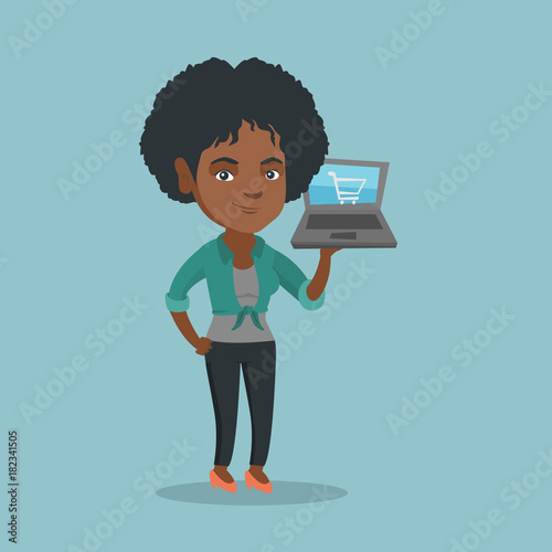 Young african-american woman holding a laptop with a shopping cart on a screen. Woman using a laptop for online shopping. Woman doing online shopping. Vector cartoon illustration. Square layout.