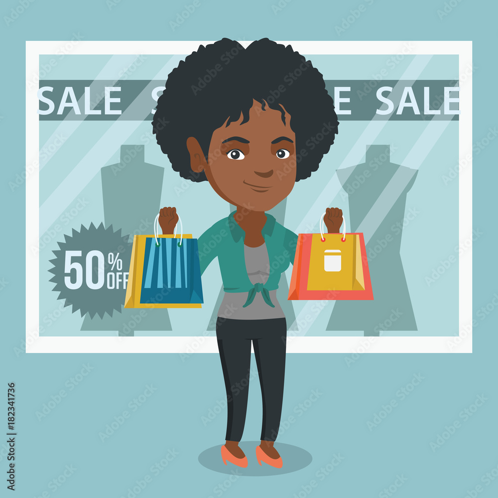 Young african-american woman showing shopping bags in front of shop window with sale sign. Woman standing on the background of shop window with text sale. Vector cartoon illustration. Square layout. Young african-american woman showing shopping bags in front of shop window with sale sign. Woman standing on the background of shop window with text sale. Vector cartoon illustration. Square layout.