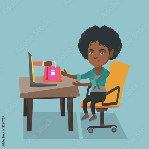 Young african-american woman getting shopping bags from a laptop. Woman making an online order in a virtual shop. Woman using a laptop for online shopping. Vector cartoon illustration. Square layout.