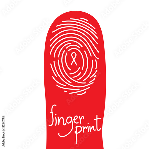 Fingerprint scan on finger silhouette set with Red Ribbon symbol, AIDS awareness concept idea illustration isolated on white background, and Fingerprint text with copy space