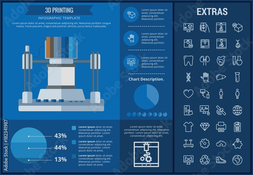 3D printing infographic template, elements and icons. Infograph includes customizable graphs, charts, line icon set with 3D printer, products of 3D innovation technologies, printing machine etc.
