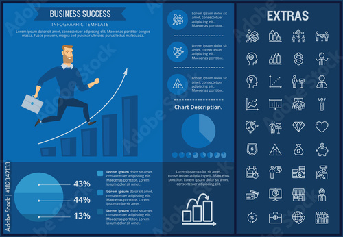 Business success infographic template, elements and icons. Infograph includes customizable graphs, charts, line icon set with business worker, successful businessman, corporate leader, market data etc © Visual Generation