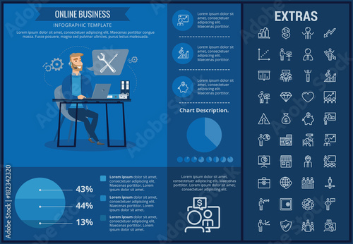Online business infographic template, elements and icons. Infograph includes customizable graphs, charts, line icon set with stack of money, online market, business worker, mobile shop etc.