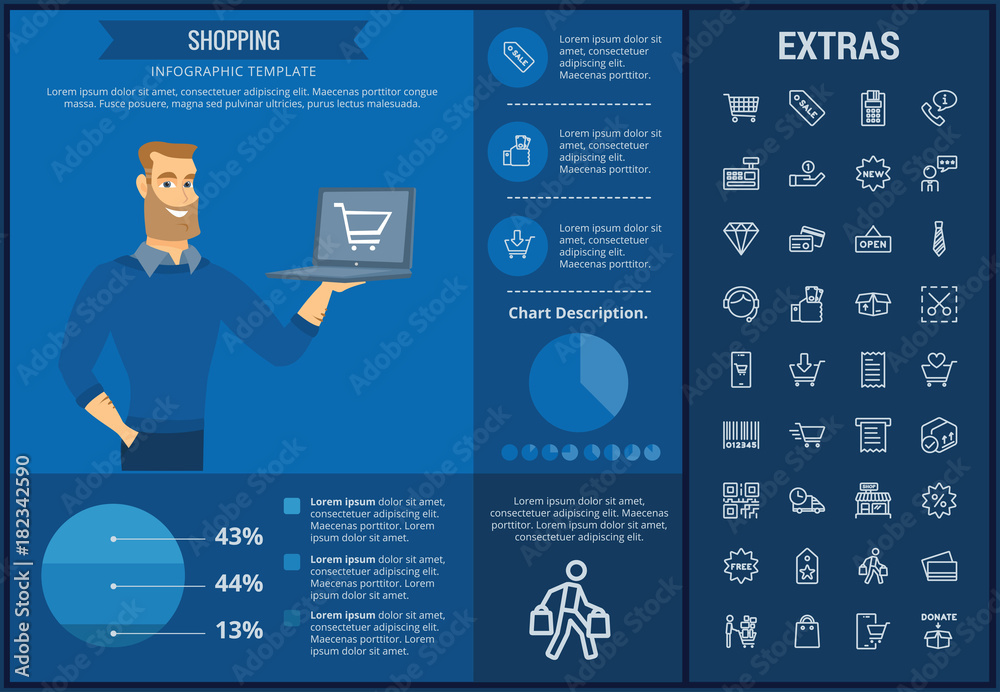 Shopping infographic template, elements and icons. Infograph includes customizable graphs, charts, line icon set with shopping cart, online store, mobile shop, price tag, retail business etc.