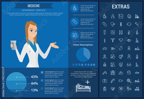 Medicine infographic template, elements and icons. Infograph includes customizable graphs, charts, line icon set with medical stethoscope, disable person, hospital doctor, nurse, first aid kit etc.