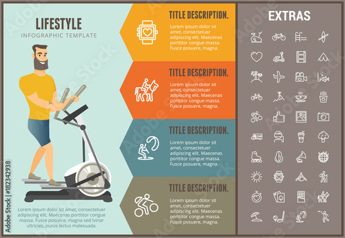 Lifestyle infographic options template, elements and icons. Infograph includes line icon set with healthy and fast food, sport exercise, training machine, leisure activities, transport vehicle etc.