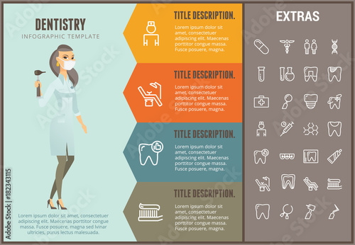 Dentistry infographic options template, elements and icons. Infograph includes line icon set with dentist tools, dental care, tooth decay, teeth health, medicine chest, stomatologist, toothbrush etc.