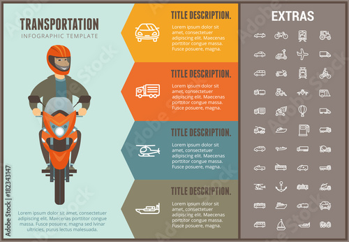 Transportation infographic options template, elements and icons. Infograph includes line icon set with transport vehicle, truck trailer, airplane, train, hot air balloon, construction vehicles etc.