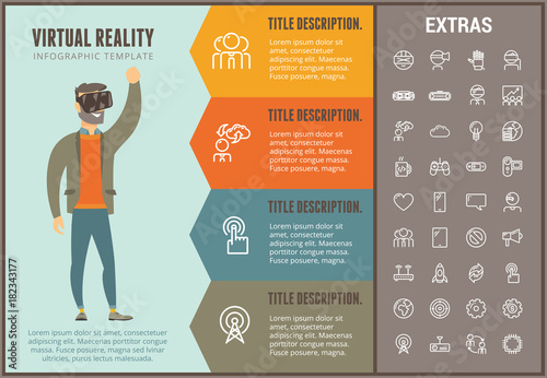 Virtual reality infographic options template, elements and icons. Infograph includes line icon set with virtual reality glasses, vr technology, video game console, cloud computing, global network etc.