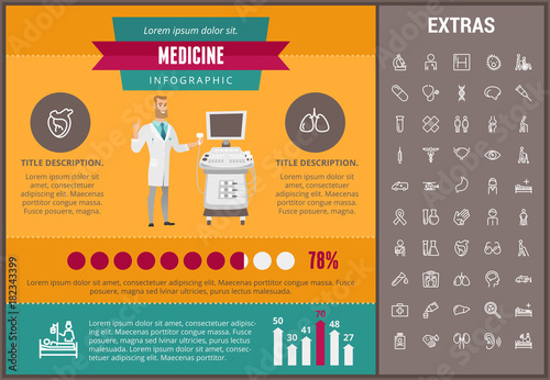 Medicine infographic template, elements and icons. Infograph includes customizable graphs, charts, line icon set with medical stethoscope, disable person, hospital doctor, nurse, first aid kit etc.